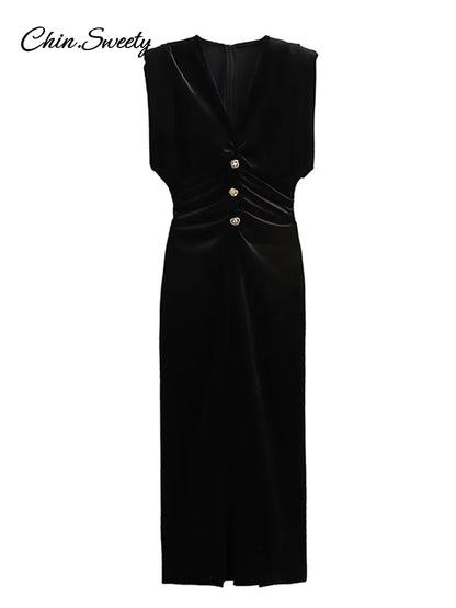 V-neck Velvet Long Dress for Sleeveless Pleat Metal Button High Waist Party Dresses Lady Evening Gown