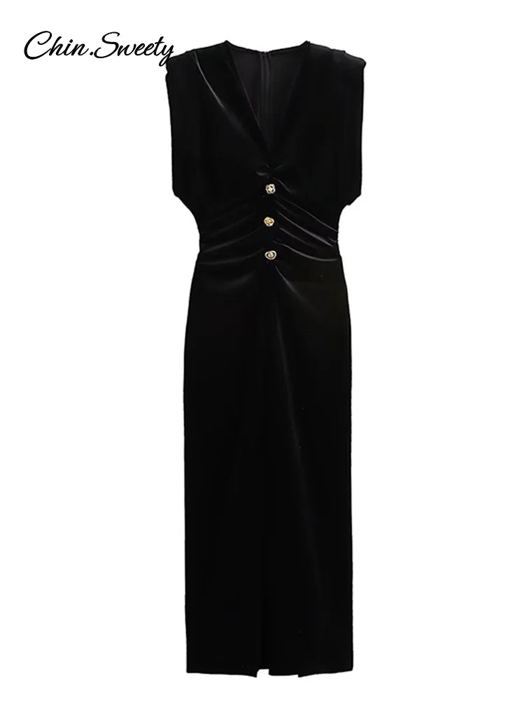 V-neck Velvet Long Dress for Sleeveless Pleat Metal Button High Waist Party Dresses Lady Evening Gown