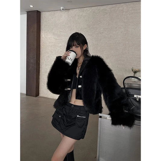Y2k Cropped Faux Fur Coat Korean Black Quilted Fluffy Jacket Winter Long Sleeve Furry Outerwear New