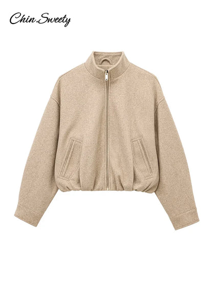 ’s Khaki Bomber Jacket Stand Collar Zipper Pocket Long Sleeve Short Coats Female Spring Thick Warm Outwear New