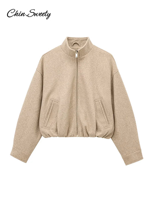 ’s Khaki Bomber Jacket Stand Collar Zipper Pocket Long Sleeve Short Coats Female Spring Thick Warm Outwear New
