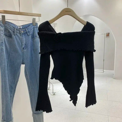 Sweet Hot Girl Threedimensional Flower Knitted Sweater for Autumn Off Shoulder Slim Fit Base Sweater Female Clothes