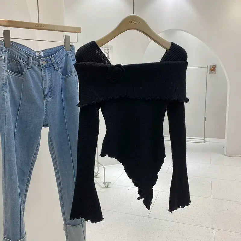 Sweet Hot Girl Threedimensional Flower Knitted Sweater for Autumn Off Shoulder Slim Fit Base Sweater Female Clothes