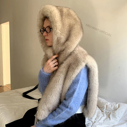 Exclusive Y3k Hooded Sleeveless Faux Fur Coat Waistcoat Autumn Winter Gradient Fox Fur Vest Top Gilet Femme