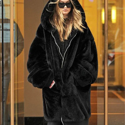 Winter Runaway Brand Long Faux Fur Coat Jacket Zip Hooded Thick Warm Fake Rabbit Fur Plush Overcoats