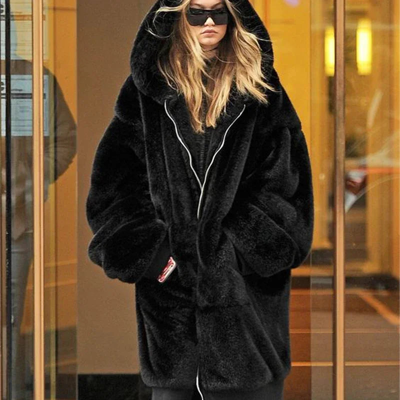 Winter Runaway Brand Long Faux Fur Coat Jacket Zip Hooded Thick Warm Fake Rabbit Fur Plush Overcoats