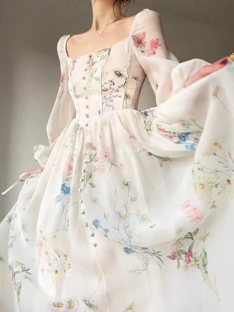 Vinatge Long Dresses Spring Summer French Aline Beach Dress Lantern Sleeve Evening Party Prom Robe Vestidos