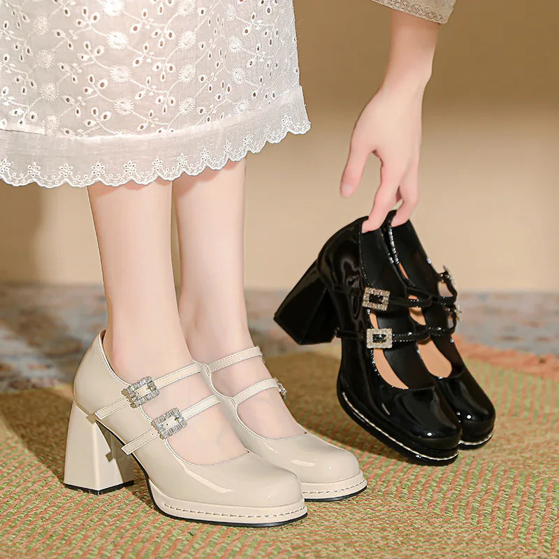Shallow Mouth High Heel Leather Shoes Slip on Mary Jane Chunky Sandals Increasing Height Clogs for Laceup Navy Blue Pumps