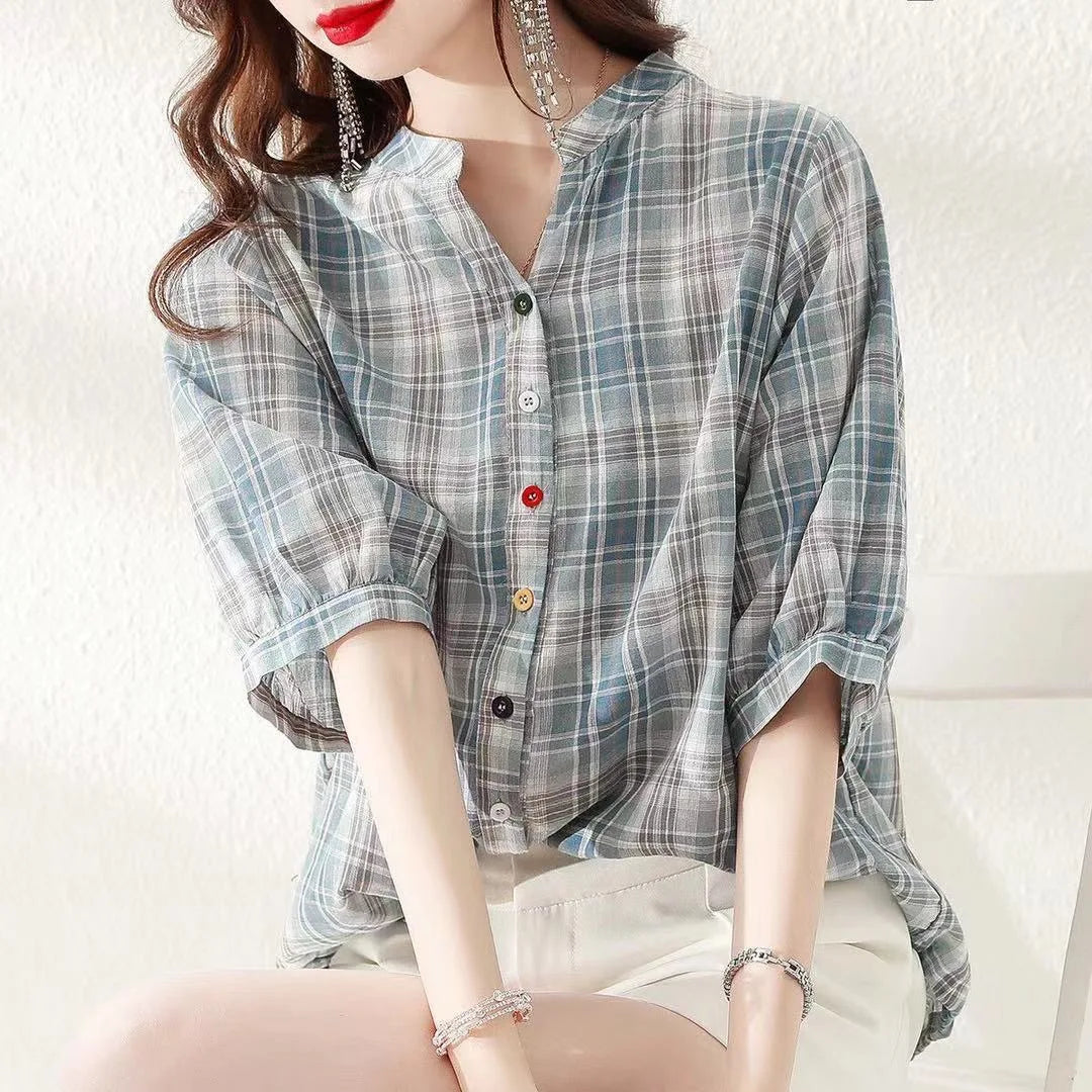 Woman Summer Style Blouses Tops Lady V-neck Short Sleeve Striped Printed Blusas Tops Df4537