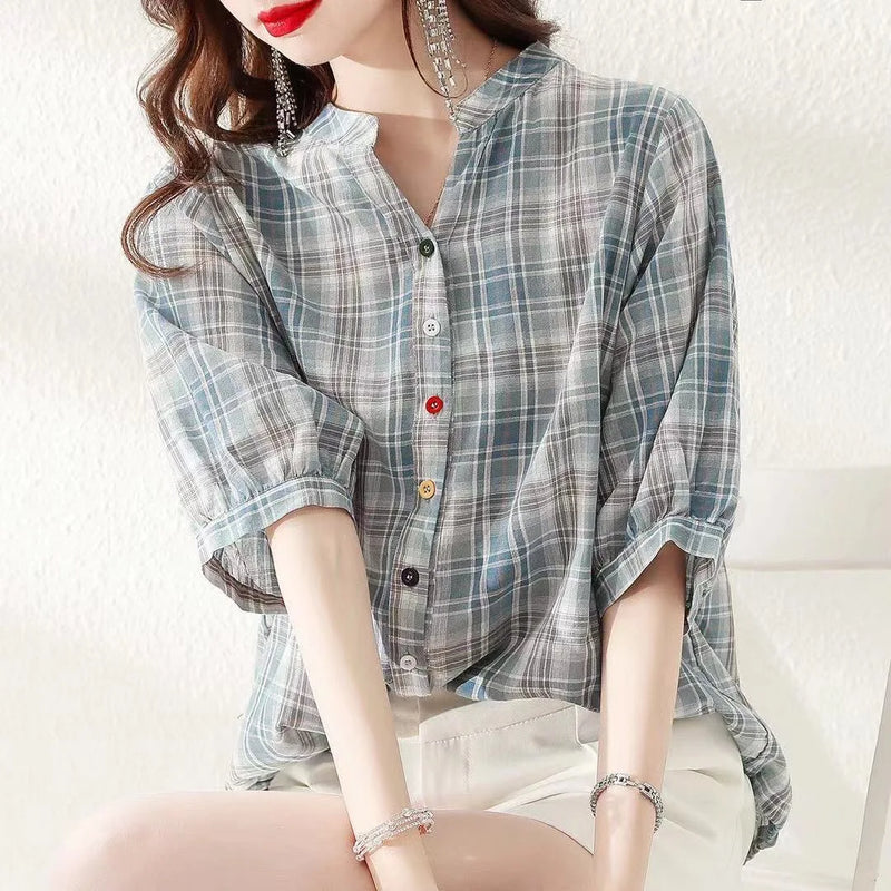 Woman Summer Style Blouses Tops Lady V-neck Short Sleeve Striped Printed Blusas Tops Df4537