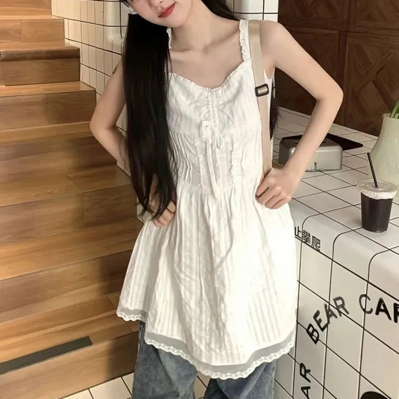 White Camis Dresses Summer French Sweet Lace Patchwork Spaghetti Strap Dress Korean Kawaii Female Mini Dress Tops