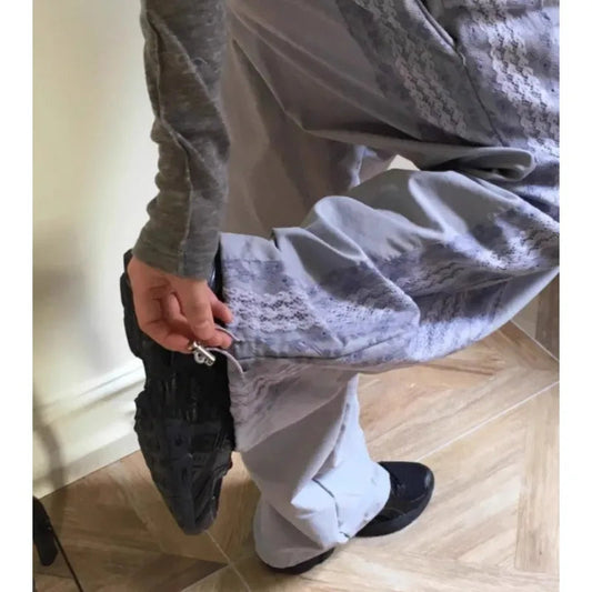 Summer New Loose Y2k Egirl High Waist Straight Trousers Lace Patchwork Nylon Wide Leg Pants 2000s