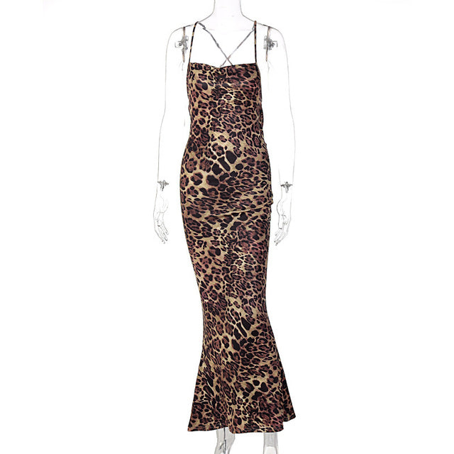 Leopard Print Maxi Dress for Summer Club Party Dresses Female Spaghetti Strap Sleeveless Long Dress