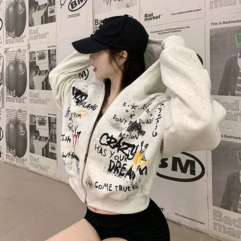 Y2k Hooded Sweatshirt Spring New Letter Print Zipper Jacket American Retro Crop Tops Female Coat
