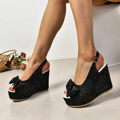 Slope Heel Sandals Female Summer New Bow Embroidery Highheeled Fish Mouth Shoes Thick Bottom Versatile Shoes