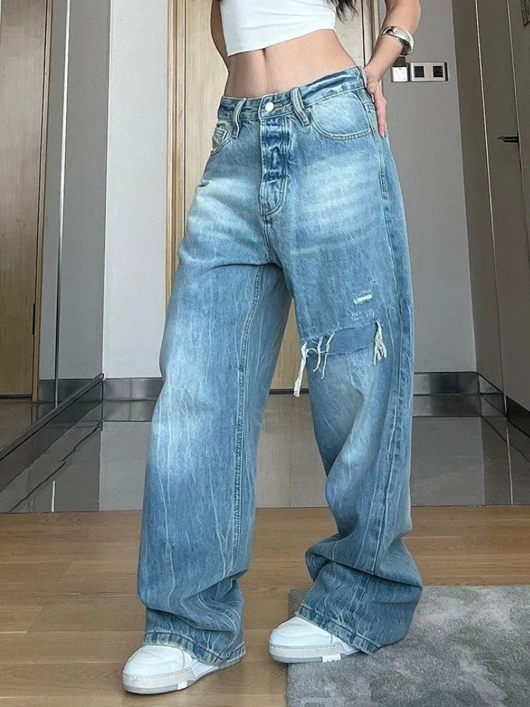Ripped Jeans for Hip Hop Loose High Waist Korean Wide Leg Denim Pants Y2k Causal Mujer Trousers