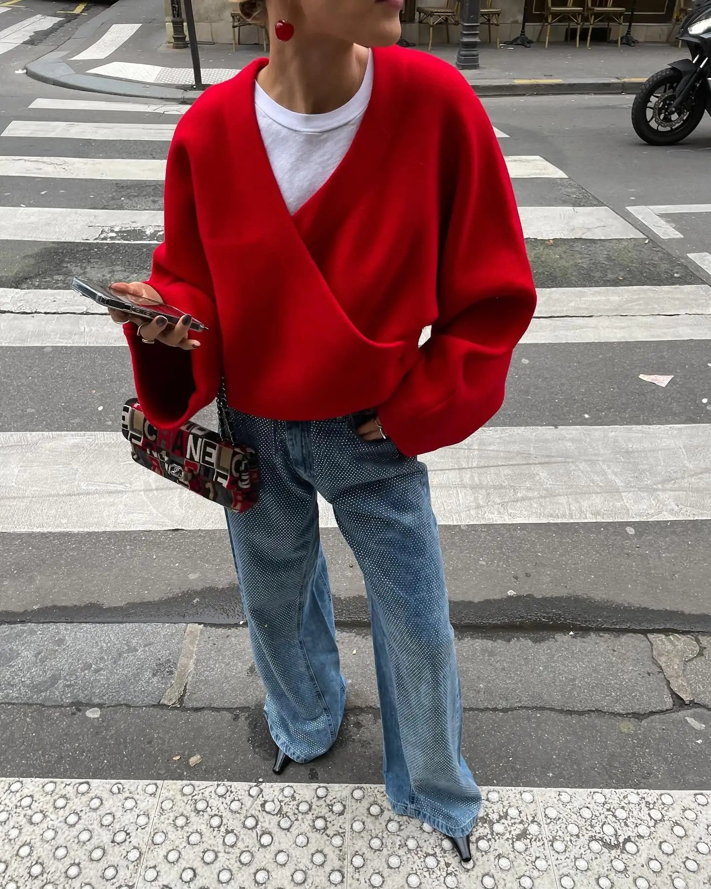 Retro Red Vneck Loose Woolen Pullover Jacket Long Sleeve Knitted Sweater New Autumn Female Knitwear Top