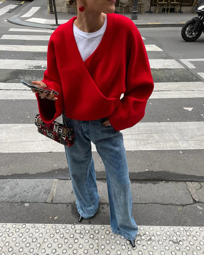 Retro Red Vneck Loose Woolen Pullover Jacket Long Sleeve Knitted Sweater New Autumn Female Knitwear Top