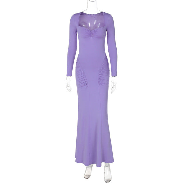Long Sleeve Party Dresses High Waist Slim Fit ’s Evening Dress Color Pleated Long Dresses
