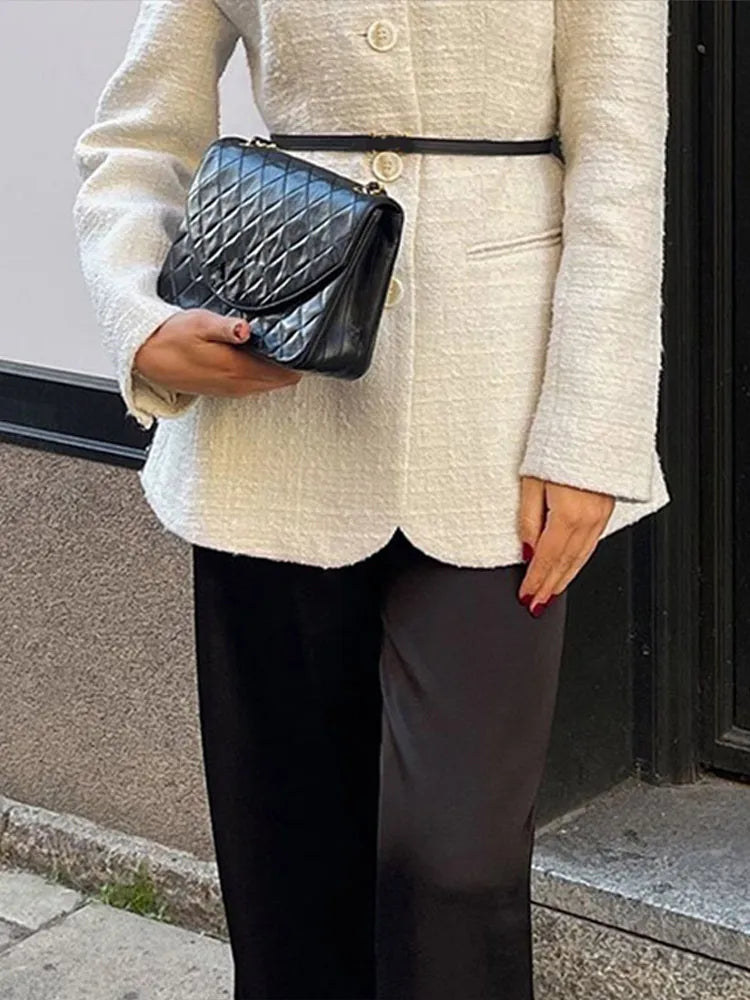 Tweed ’s Blazer Coat Slim O Neck Single Breasted Shoulder Pad Thick Jacket Female Spring Office Lady Outwear