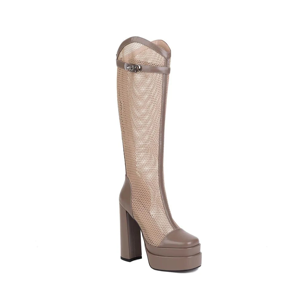 Brand Design Metal Lock High Chunky Heel Double Platform Round Toe Kneehigh Cool Mesh Boots Dance Shoes Size 3346