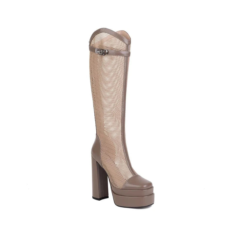 Brand Design Metal Lock High Chunky Heel Double Platform Round Toe Kneehigh Cool Mesh Boots Dance Shoes Size 3346