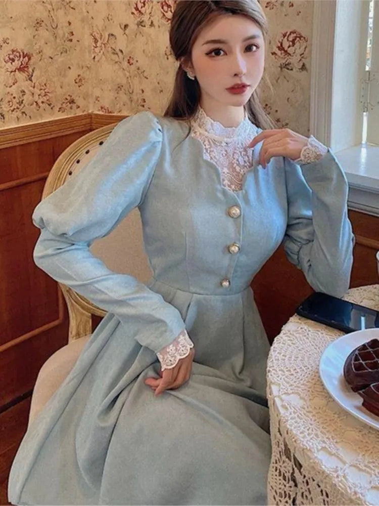 French Autumn Midi Dresses for Puff Sleeve Half High Collar Patchwork Lace Aline Retro Princess Dress Vestidos