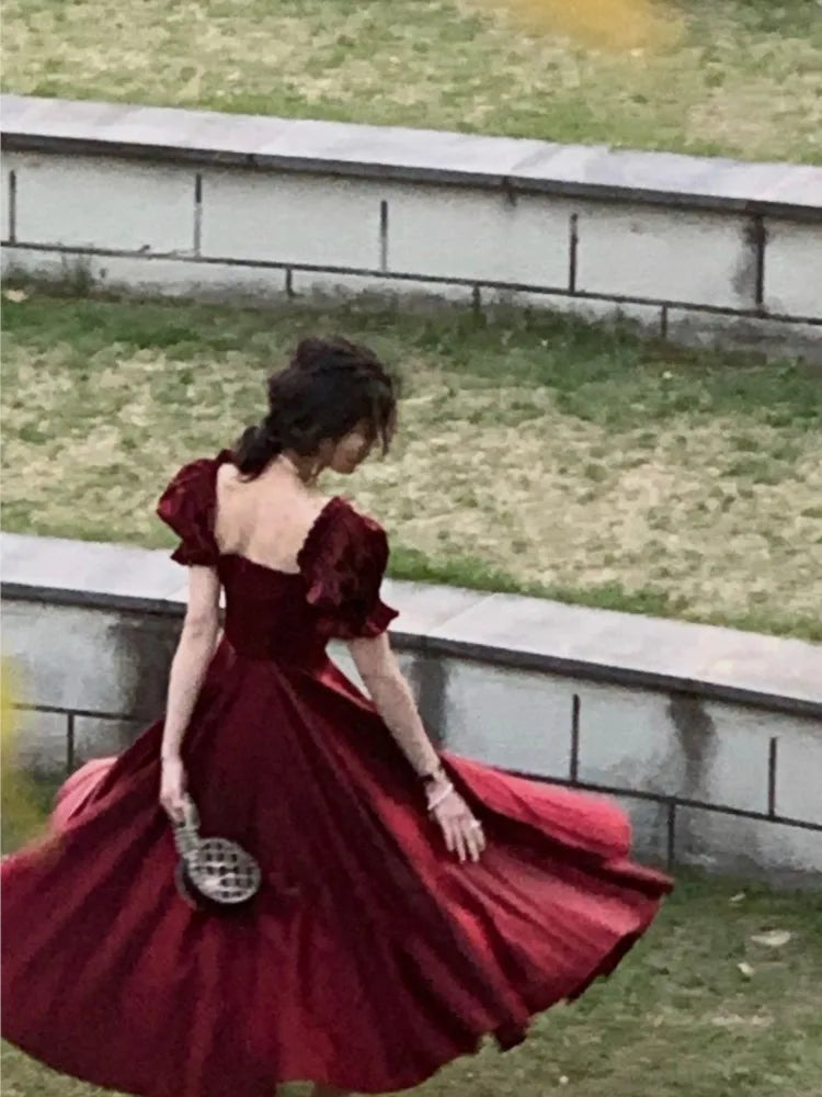 Princess Long Dress Puff Sleeve Square Collar High Waist Evening Party Aline Laceup Vestidos Robe Mujers