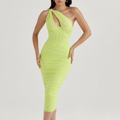 Mesh One Shoulder Backless Midi Dress for Hollow Out Sleeveless Ruched Long Dress Vestido
