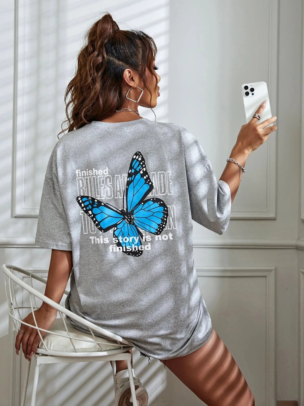 Art Word and Blue Butterfly Printed T-shirt Cotton Short Sleeve Breathable Summer T Shirt Street Clothing