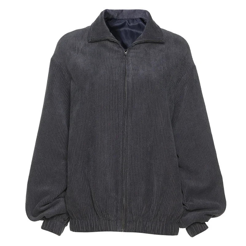 Autumn and Winter New Street Style New Longsleeved Lapel Zipper Cardigan Loose and Thin Warm Jacket