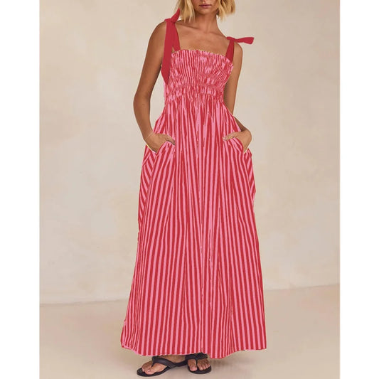 Summer Striped Dress Vacation Clothes Square Collar Sleeveless a Line Long Dresses With Pockets Beach Dresses