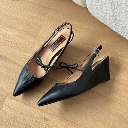 Genuine Leather Slingbacks Pumps Pointed Toe Silver Black Wedges Heels Shoes Woman Summer Pumps