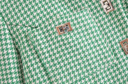Retro French Style Green Check Plaid Weavon Cropped Blazer Notched Metal Buckle Buttons High Waist Suit Short Coat Outwear