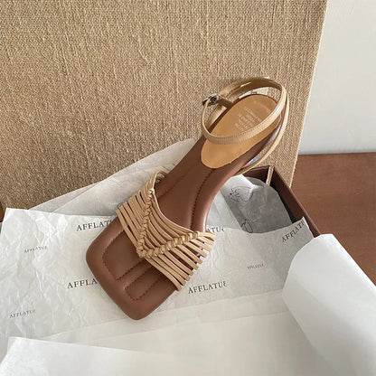 Summer Woven Square Toe Sandals Strange Heel Buckle Strap Shoes