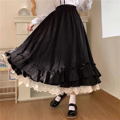 Japanese Color Double Layer French Ruffled Aline Pleated Skirt Hepburn Half Skirt Female White Long Skirt