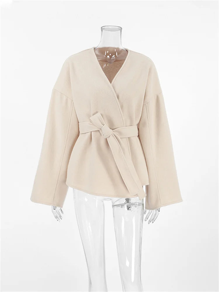 Lace-up White V-neck Overcoat Female Loose High Street Long Sleeve Autumn Patchwork Coat ’s Bandage Outwear New