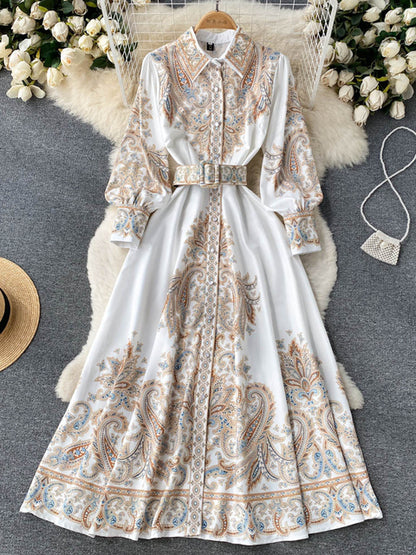 Retro Printed Party Dress Polo Collar Long Sleeve Long Dresses Spring Autumn French Single Breasted Shirt Dress