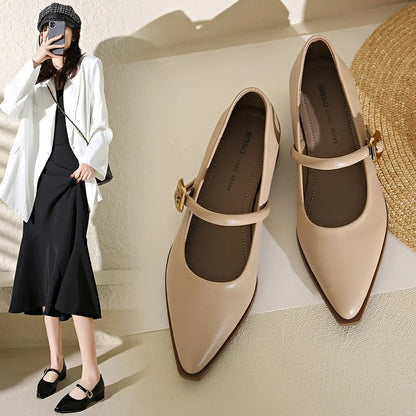 Pointed Toe Loafers Black Brown White Mules Shoes Belt Buckle Shallow Slip on Low Flat Heeled Party Pumps