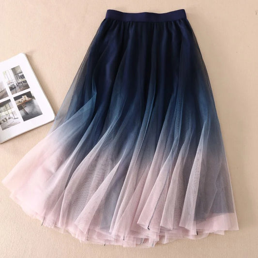 Gradient Tulle Midi Skirt Mesh Pleated Skirts Summer Korean High Waist All Match a Line Skirt