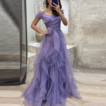 Strapless Ruffle Mesh Bridesmaid Dresses Spring Backless Hollow Long Party Dress Summer High Waist Bow Hem Maxi Dress