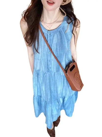 Blue Sleeveless Strap Dress Children Wear New Summer French Style Seaside Vacation Vest Long Dress Loose