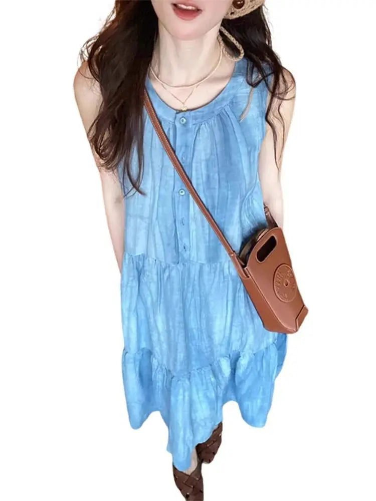Blue Sleeveless Strap Dress Children Wear New Summer French Style Seaside Vacation Vest Long Dress Loose