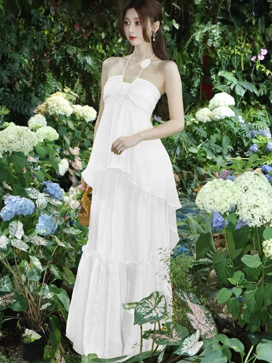 Korea Sweet Fairycore Halter Long Dress Ruffles Birthday Party Dress Summer Aline Vestidos Female New Robe