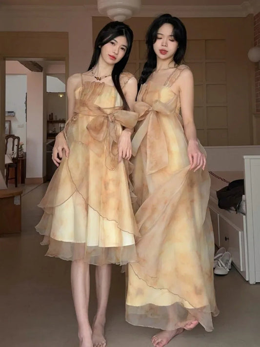 Summer Tie Dye Mesh Midi Dresses Sleeveless Fairy Bow Design Dress Female Irregular Ruffles Backless Dresses