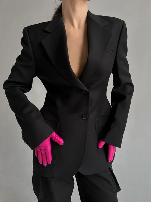 Black Lapel Suit Outwear for Pocket Long Sleeve Commute Patchwork Coat Female High Waist Autumn Blazers