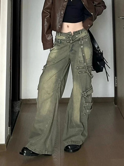 Zipper Cargo Denim Pants Hip Hop Retro Loose Pockets Straight Wide Leg Jeans Y2k Causal Female Trousers