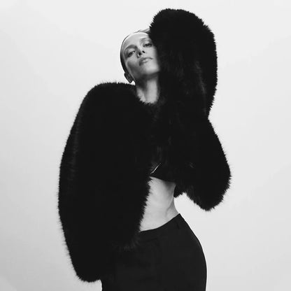 Ins Hot Brand Black Warm Cozy Cropped Faux Fur Coat Winter Street Short Fur Jacket