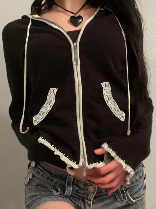 Black Lace Trim Knitted Sweater Cardigan Autumn Winter New Coat Sweet Basic All-match