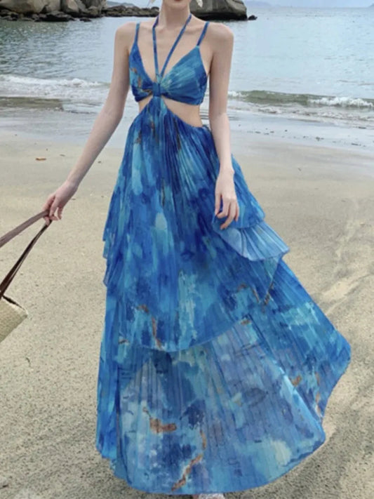 Halter Sleeveless Midi Dress Aline Beach Holiday Clothes Female Print Long Robe New Vestidos